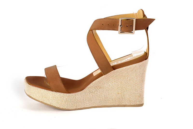Caramel brown women's fully open sandals, with crossed straps.. Profile view - Florence KOOIJMAN